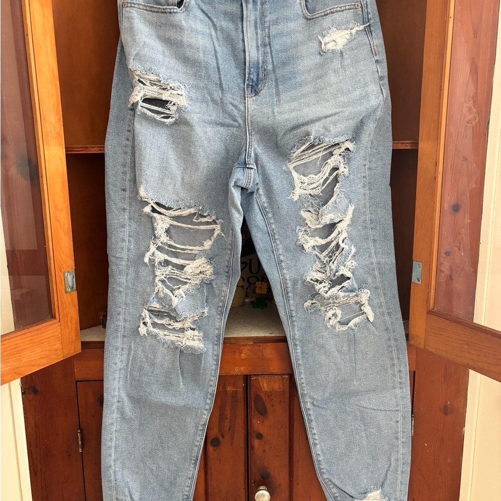 American Eagle Outfitters Light Blue Distressed Curvy Mom Jeans